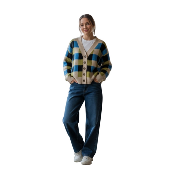FRNCH Sweaters - Women's FRNCH S Beige Blue Plaid Cardigan, Size S